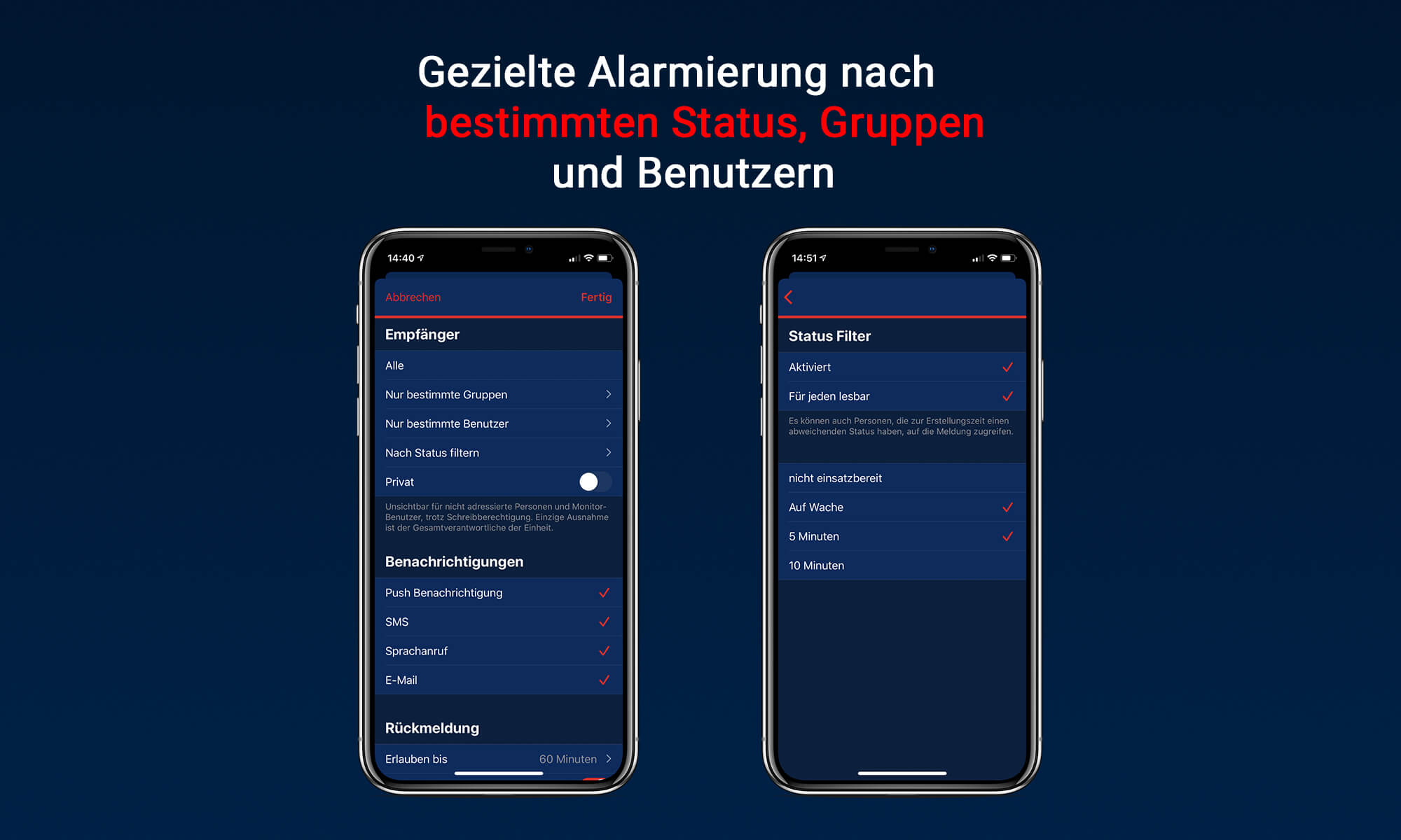 Gezielte Alarmierung und Informationen nach Gruppe/Alarmschleife und auch für bestimmte Einzelpersonen