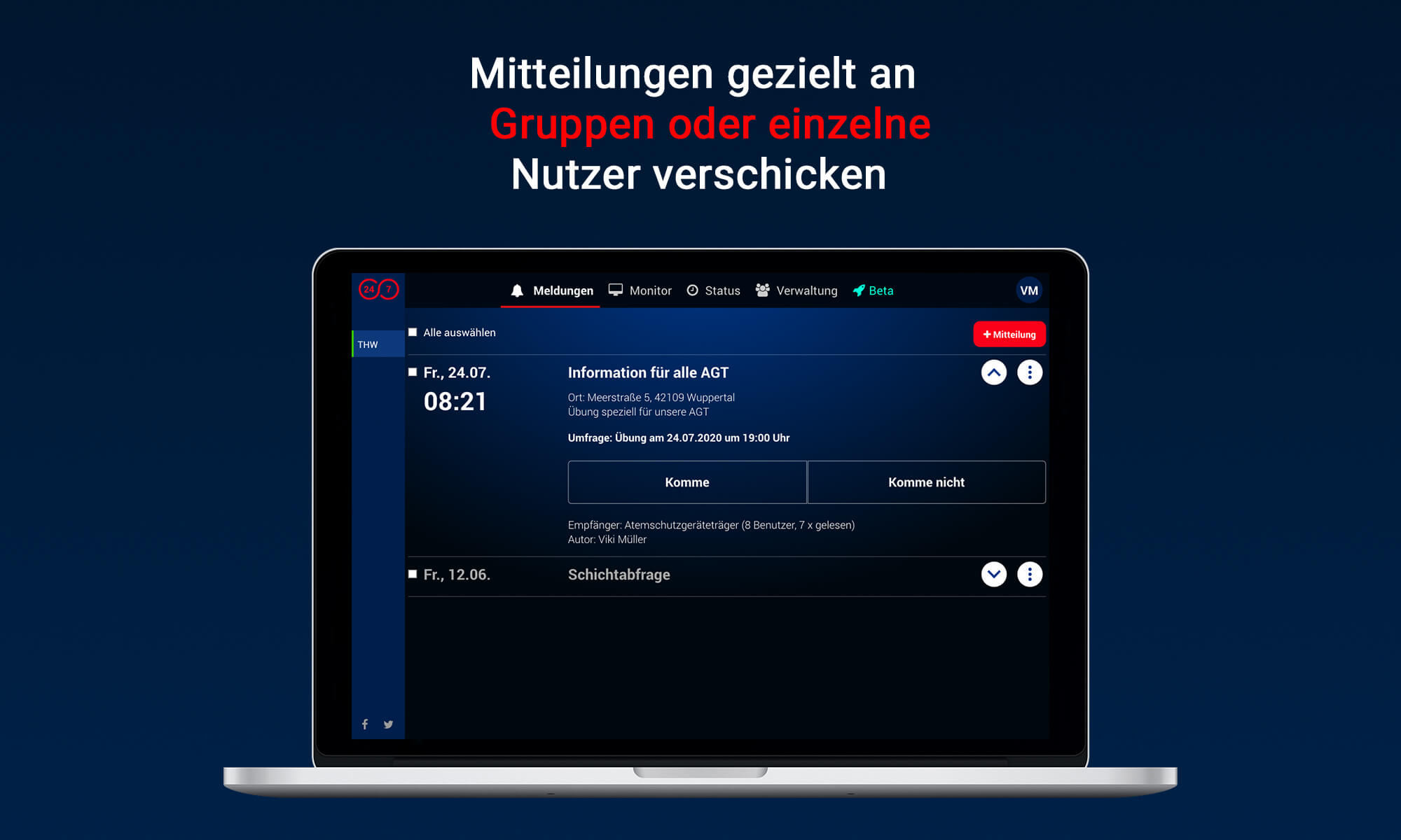Nachrichten in Form von internen Mitteilungen, Umfragen und Terminen erleichtern die Kommunikation im Team