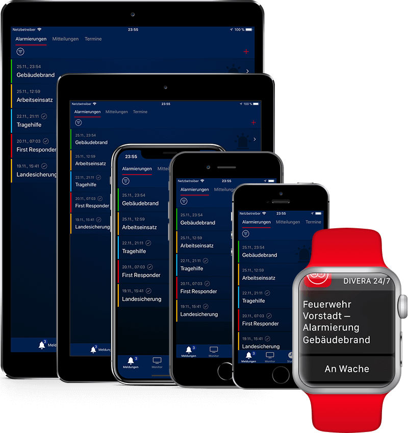 Alarmapp zur Alarmierung und Dienst-, Einsatz- und Verfügbarkeitsplanung bei Rufbereitschaften von Feuerwehr, Technischem Hilfswerk, Sanitäts- und Rettungsdienst.