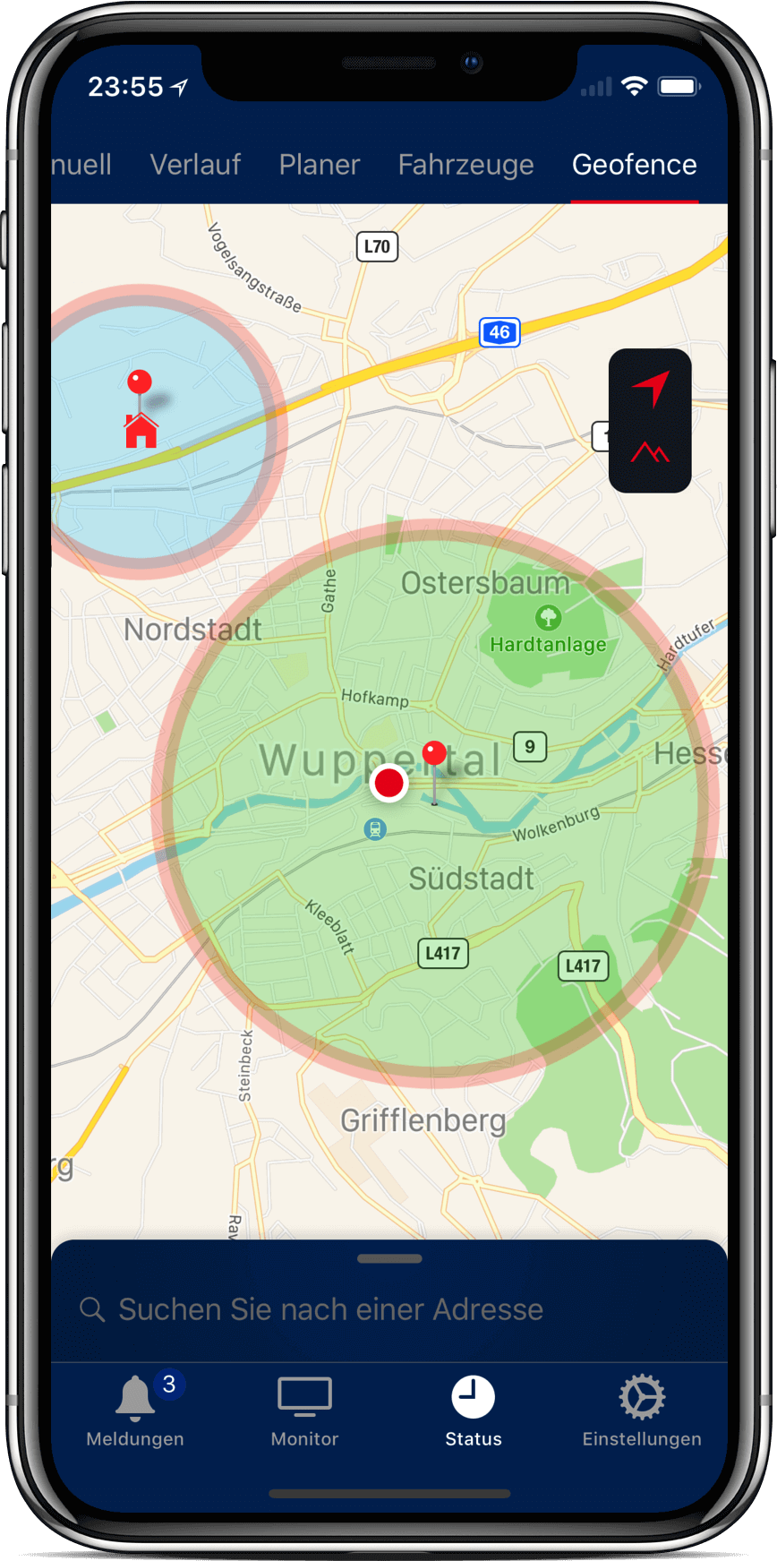 Alarm-App mit Geofence-Funktion. Indem jede Personen die persönlichen Aufenhaltsorte mit den dazugehörigen Status-Werten kombiniert, erkennt die Geofence-Funktionen bei Ortswechsel die richtige Verfügbarkeit.