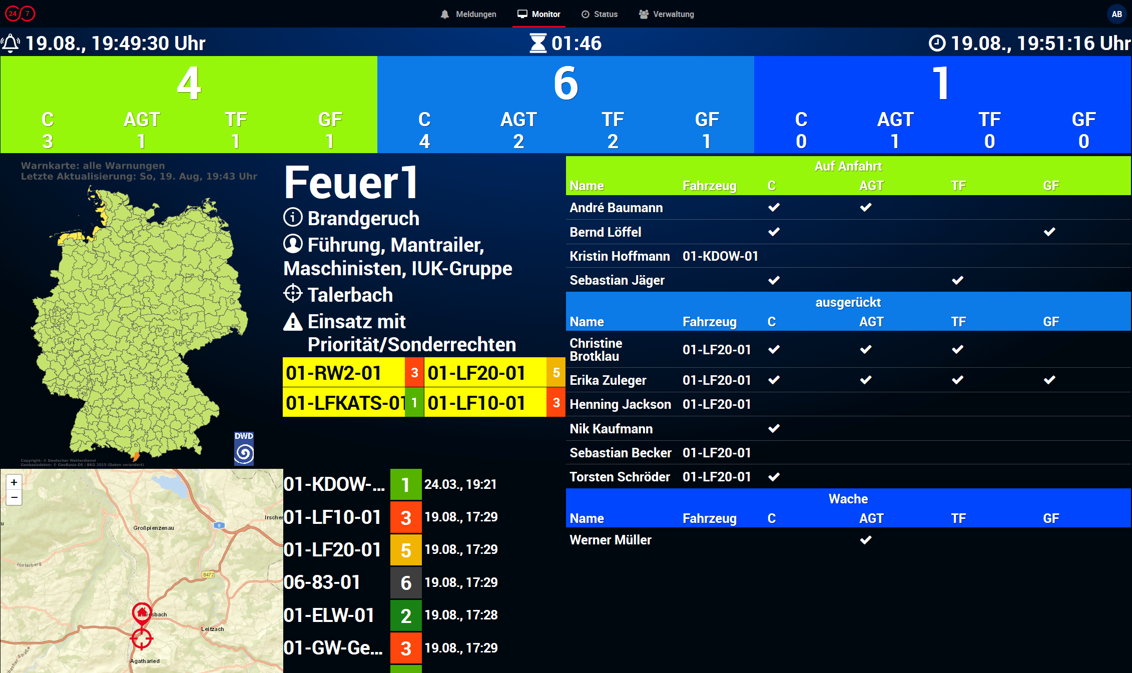 Wachdisplay zur Anzeige der FMS-Status der Einsatzfahrzeuge, für PC und Raspberry Pi
