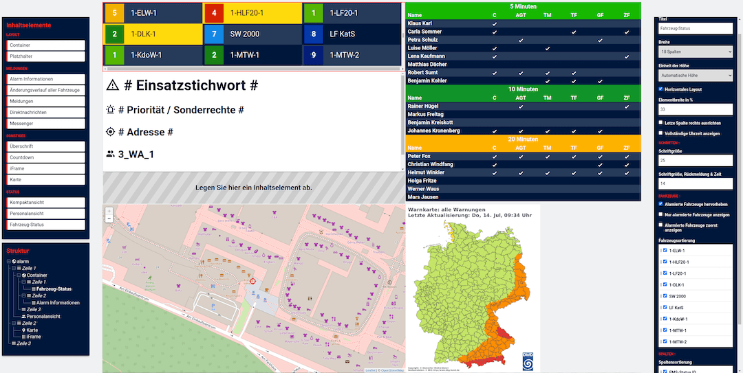 Das Dashboard als Tech-Preview des künftigen Alarmmonitors mit WYSIWYG-Konfiguration per Drag & Drop zur Anzeige von Einsatzbereitschaft, Einsatzinformationen und Karte mit Einsatzort