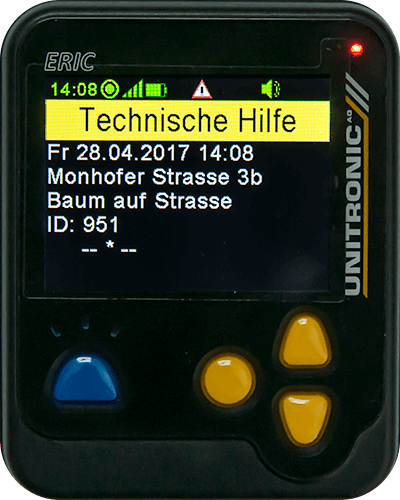 Der ERIC-Pager von UNITRONIC kommuniziert über zwei SIM-Karten und VPN-Tunnel per GSM-Netz mit dem Server um Alarmierungen zu empfangen