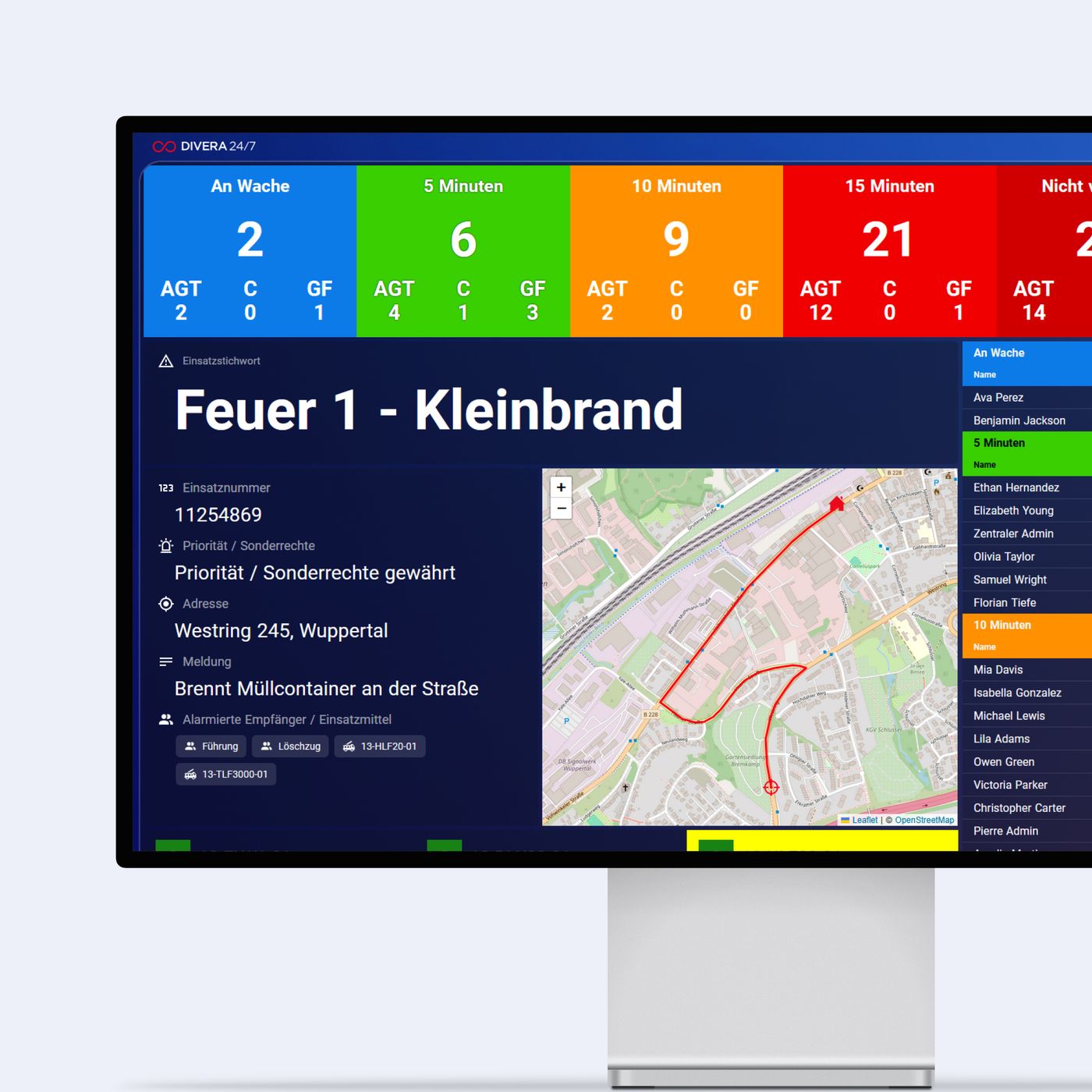 Konfigurierte Alarmanzeige bei einer Alarmierung mit DIVERA