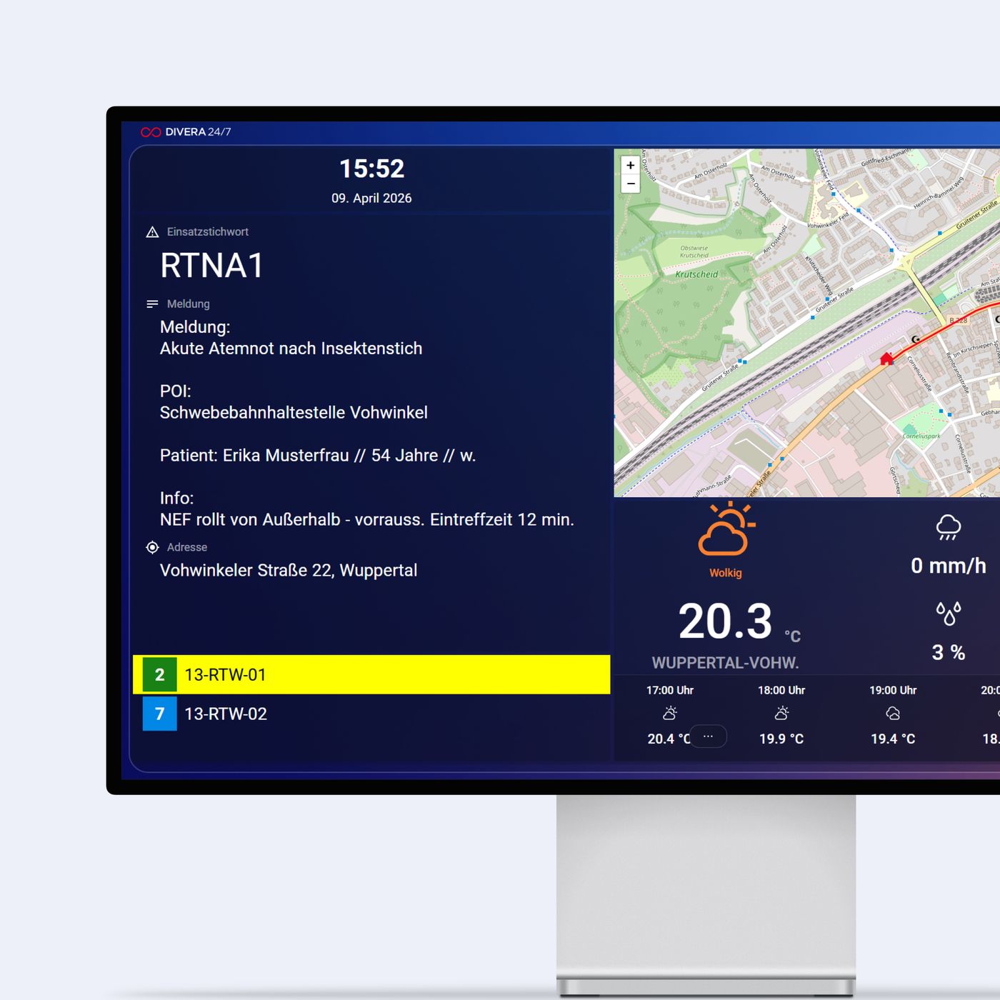Alarmdashboard Rettungswache mit Einsatzdaten, Anfahrt und Wetterinformationen