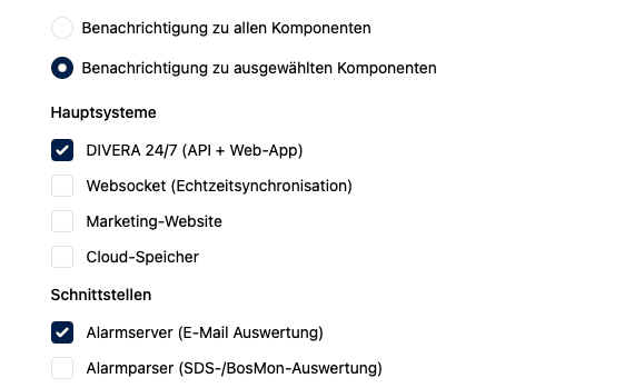 DIVERA 24/7 Statuspage - Benachritigung Komponenten