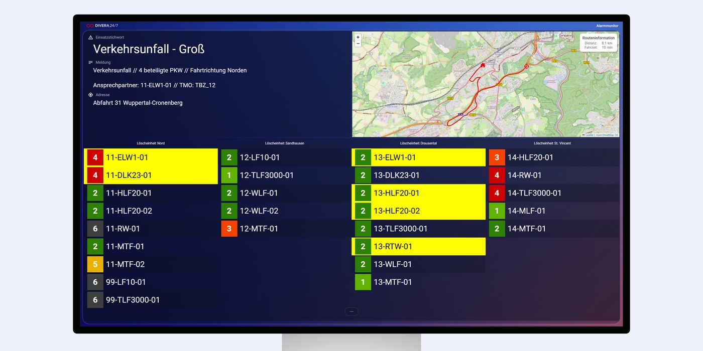 Ansicht eines Alarmmonitor der DIVERA 24/7 Webapp